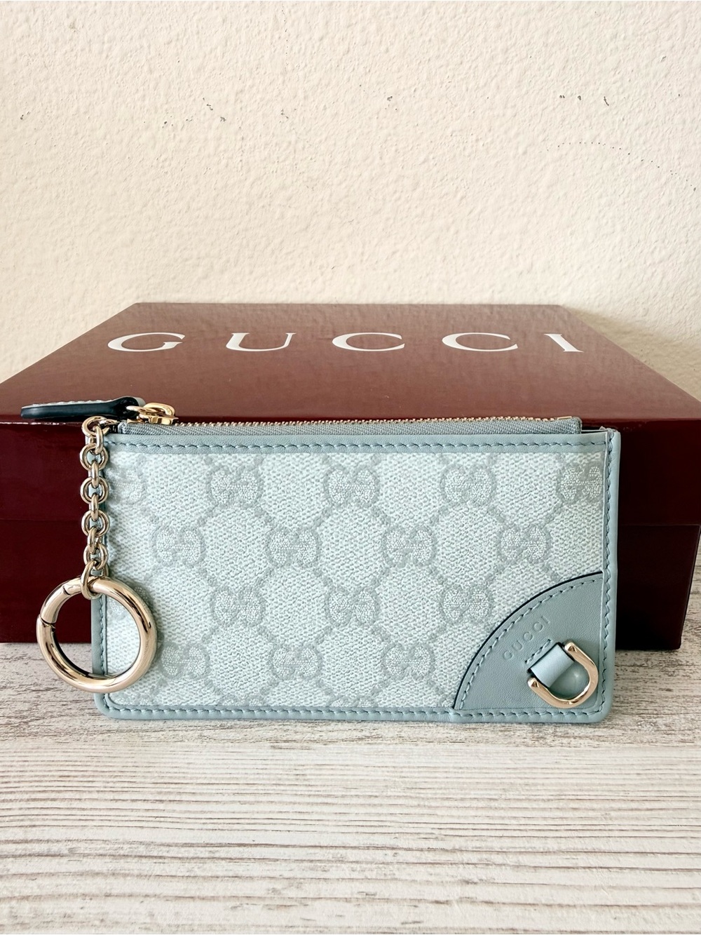 New Gucci GG canvas wallet keychain cardholder with chain, blue